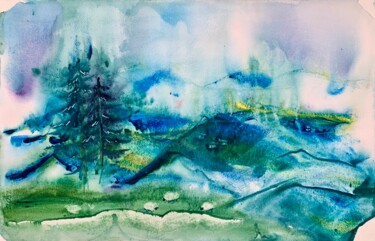 Painting titled "Foggy Mountains" by Ira Popovych, Original Artwork, Watercolor