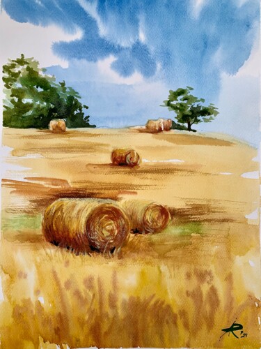 Painting titled "Tuscany haystacks" by Ira Popovych, Original Artwork, Watercolor