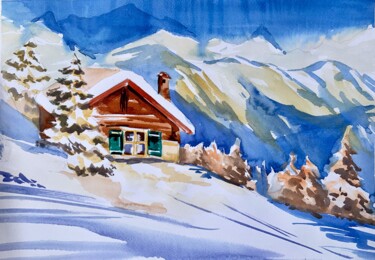 Картина под названием "Alpine Snowy House" - Ira Popovych, Подлинное произведение искусства, Акварель