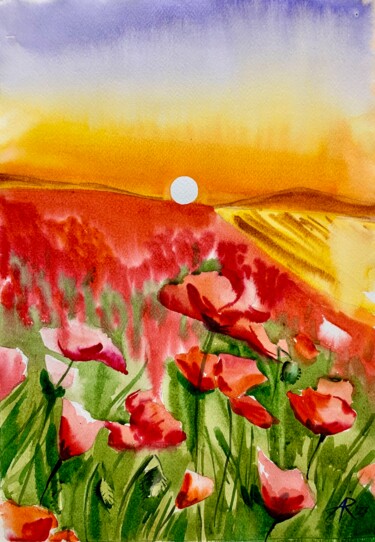 Painting titled "Sunset on the Poppy…" by Ira Popovych, Original Artwork, Watercolor