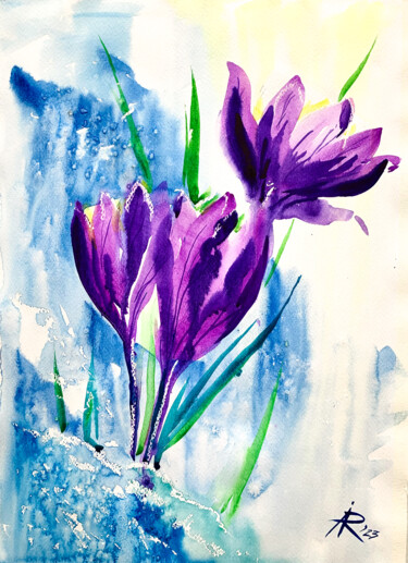 Painting titled "Purple crocuses in…" by Ira Popovych, Original Artwork, Watercolor