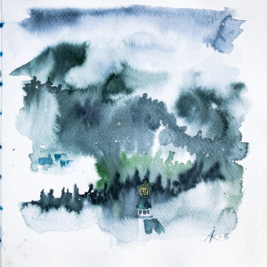 Peinture intitulée "Foggy Carpathians" par Ira Popovych, Œuvre d'art originale, Aquarelle
