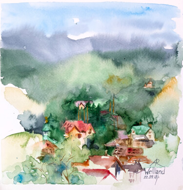 Painting titled "Morning in Carpathi…" by Ira Popovych, Original Artwork, Watercolor