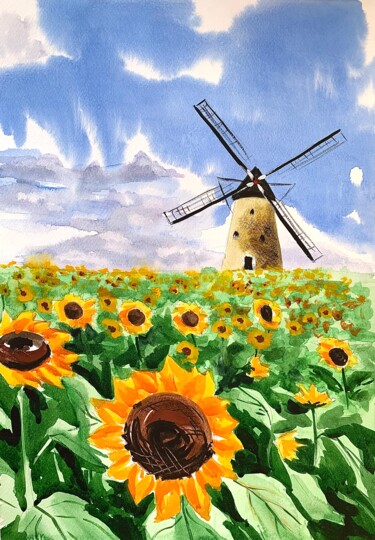 Painting titled "Holland Windmill in…" by Ira Popovych, Original Artwork, Watercolor