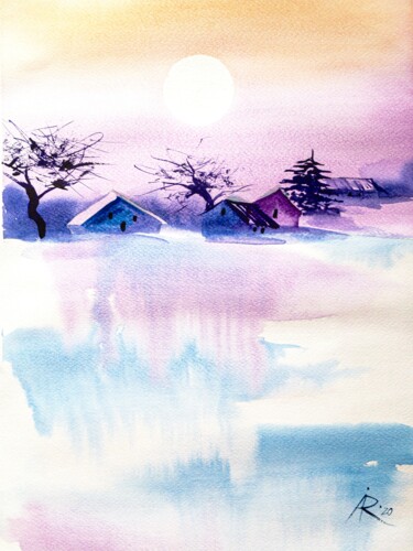 Malerei mit dem Titel "Silent Winter Sunri…" von Ira Popovych, Original-Kunstwerk, Aquarell