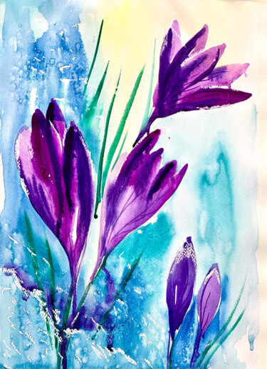 Painting titled "First Spring Crocus…" by Ira Popovych, Original Artwork, Watercolor