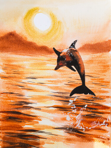 Картина под названием "Dolphin in Sunset" - Ira Popovych, Подлинное произведение искусства, Акварель