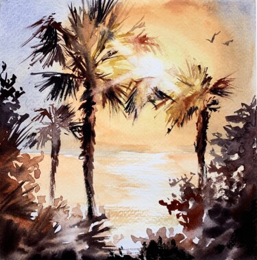 Painting titled "Honey sunset" by Ira Popovych, Original Artwork, Watercolor