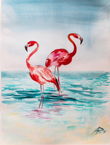 Malerei mit dem Titel "Flamingos beach" von Ira Popovych, Original-Kunstwerk, Aquarell