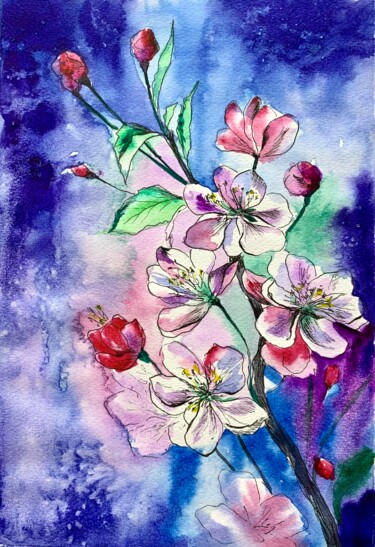 Painting titled "Night Blooming" by Ira Popovych, Original Artwork, Watercolor