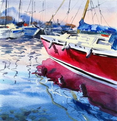 Painting titled "Red Yacht" by Ira Popovych, Original Artwork, Watercolor
