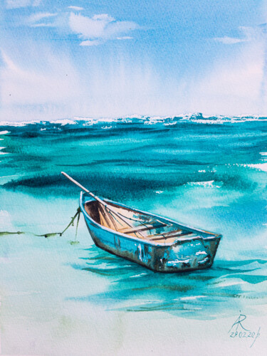 Painting titled "Blue Boat" by Ira Popovych, Original Artwork, Watercolor