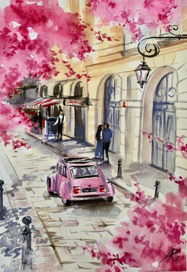 Ζωγραφική με τίτλο "Pink cabriolet on t…" από Ira Popovych, Αυθεντικά έργα τέχνης, Ακουαρέλα
