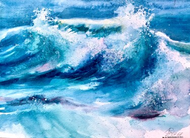 Painting titled "The Power of Wave" by Ira Popovych, Original Artwork, Watercolor