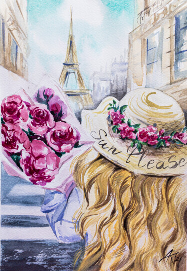 Картина под названием "Girl in Paris" - Ira Popovych, Подлинное произведение искусства, Акварель