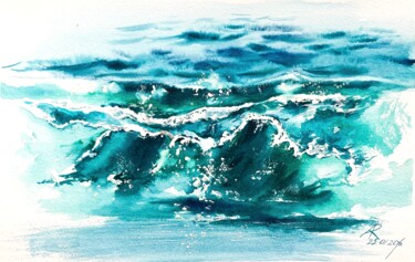Painting titled "Turquoise Wave" by Ira Popovych, Original Artwork, Watercolor