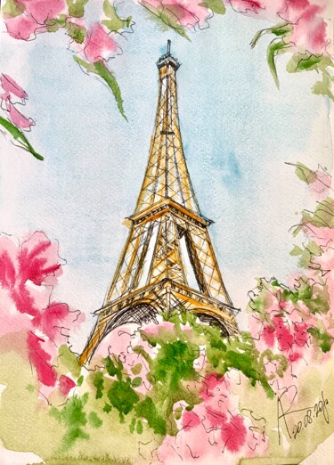 Painting titled "The Eiffel Tower in…" by Ira Popovych, Original Artwork, Watercolor