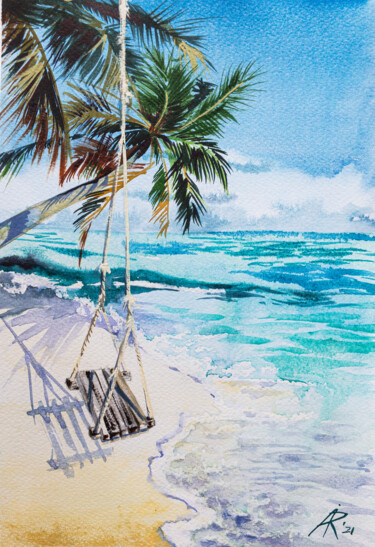 Painting titled "Beach Swing" by Ira Popovych, Original Artwork, Watercolor