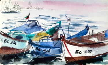 Painting titled "Fishing Boats. Sara…" by Ira Popovych, Original Artwork, Watercolor