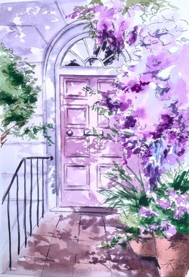 Painting titled "Wisteria Paris House" by Ira Popovych, Original Artwork, Watercolor