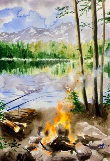 Painting titled "Forest Bonfire" by Ira Popovych, Original Artwork, Watercolor