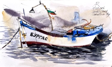 Painting titled "Old Fisher Boat, Sa…" by Ira Popovych, Original Artwork, Watercolor