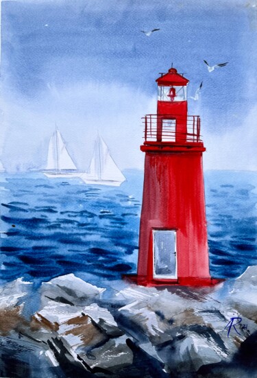 Malerei mit dem Titel "Red Lighthouse" von Ira Popovych, Original-Kunstwerk, Aquarell