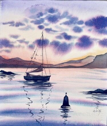 Картина под названием "Magenta sunset" - Ira Popovych, Подлинное произведение искусства, Акварель