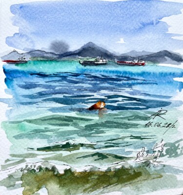 Peinture intitulée "Day at the Beach, S…" par Ira Popovych, Œuvre d'art originale, Aquarelle