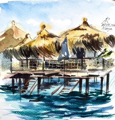 Painting titled "Straw Umbrellas ske…" by Ira Popovych, Original Artwork, Watercolor