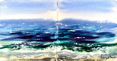 Malerei mit dem Titel "Saphire Beach sketc…" von Ira Popovych, Original-Kunstwerk, Aquarell