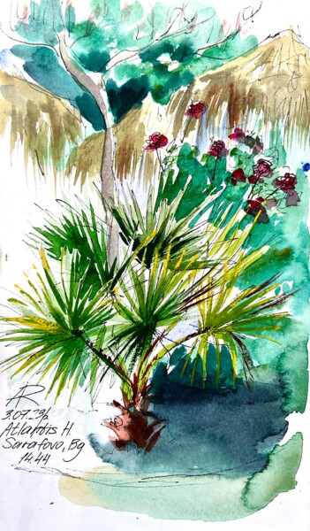 Painting titled "Palms in Atlantis,…" by Ira Popovych, Original Artwork, Watercolor