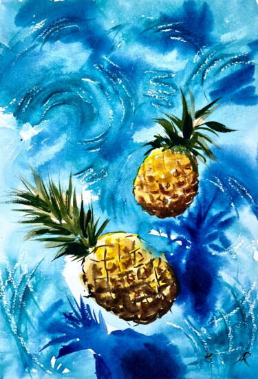 Картина под названием "Pineapples 🍍 in the…" - Ira Popovych, Подлинное произведение искусства, Акварель