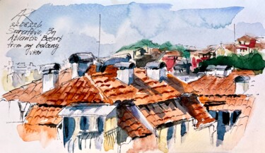 Ζωγραφική με τίτλο "Terracotta Roofs sk…" από Ira Popovych, Αυθεντικά έργα τέχνης, Μελάνι