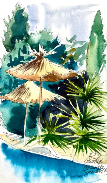 Painting titled "Straw umbrellas at…" by Ira Popovych, Original Artwork, Watercolor