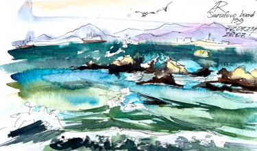 Schilderij getiteld "Gull’s Rocks, Saraf…" door Ira Popovych, Origineel Kunstwerk, Aquarel