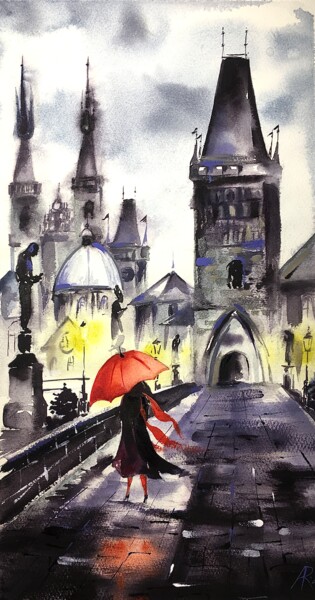 Painting titled "Rainy Prague" by Ira Popovych, Original Artwork, Watercolor