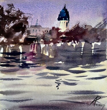 Painting titled "City on the River" by Ira Popovych, Original Artwork, Watercolor