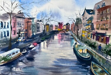 Painting titled "Netherlands Canal" by Ira Popovych, Original Artwork, Watercolor