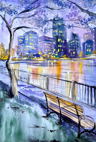 Painting titled "Night Central Park" by Ira Popovych, Original Artwork, Watercolor