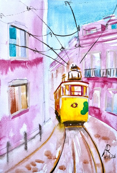 Painting titled "Lisbon Tram" by Ira Popovych, Original Artwork, Watercolor