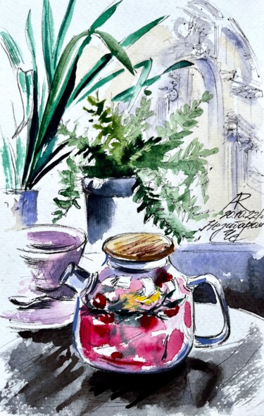 Painting titled "Tea Time, Chernivts…" by Ira Popovych, Original Artwork, Watercolor
