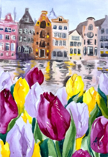 Painting titled "Amsterdam Tulips" by Ira Popovych, Original Artwork, Watercolor