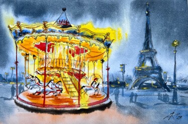 Malerei mit dem Titel "Night Paris carousel" von Ira Popovych, Original-Kunstwerk, Aquarell