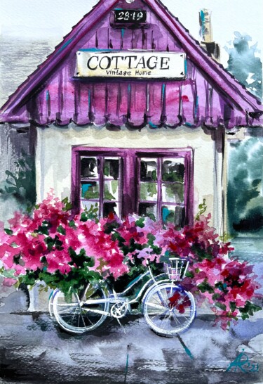 Painting titled "Cottage Vintage Home" by Ira Popovych, Original Artwork, Watercolor