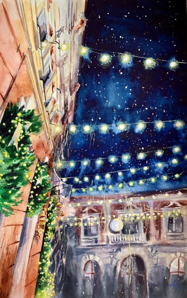Painting titled "Night lights of the…" by Ira Popovych, Original Artwork, Watercolor