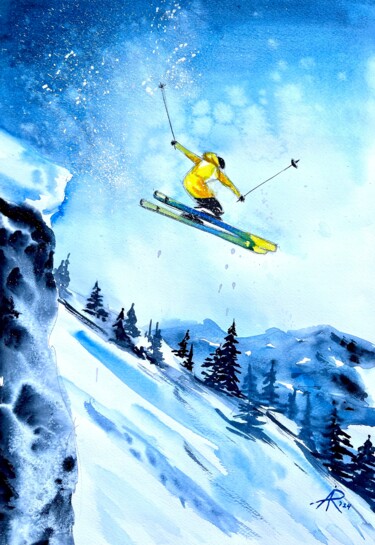 Painting titled "Jumping Skier" by Ira Popovych, Original Artwork, Watercolor