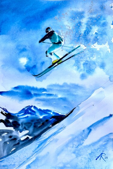 Painting titled "Skier over the moun…" by Ira Popovych, Original Artwork, Watercolor