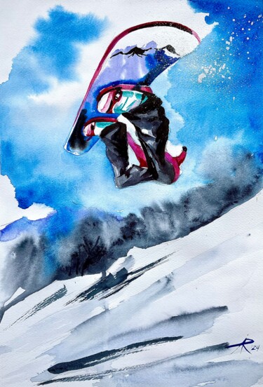 Painting titled "Jumping snowboarder" by Ira Popovych, Original Artwork, Watercolor