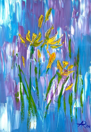 Painting titled "DAFFODILS IN BLUE" by Ira Popovych, Original Artwork, Gouache
